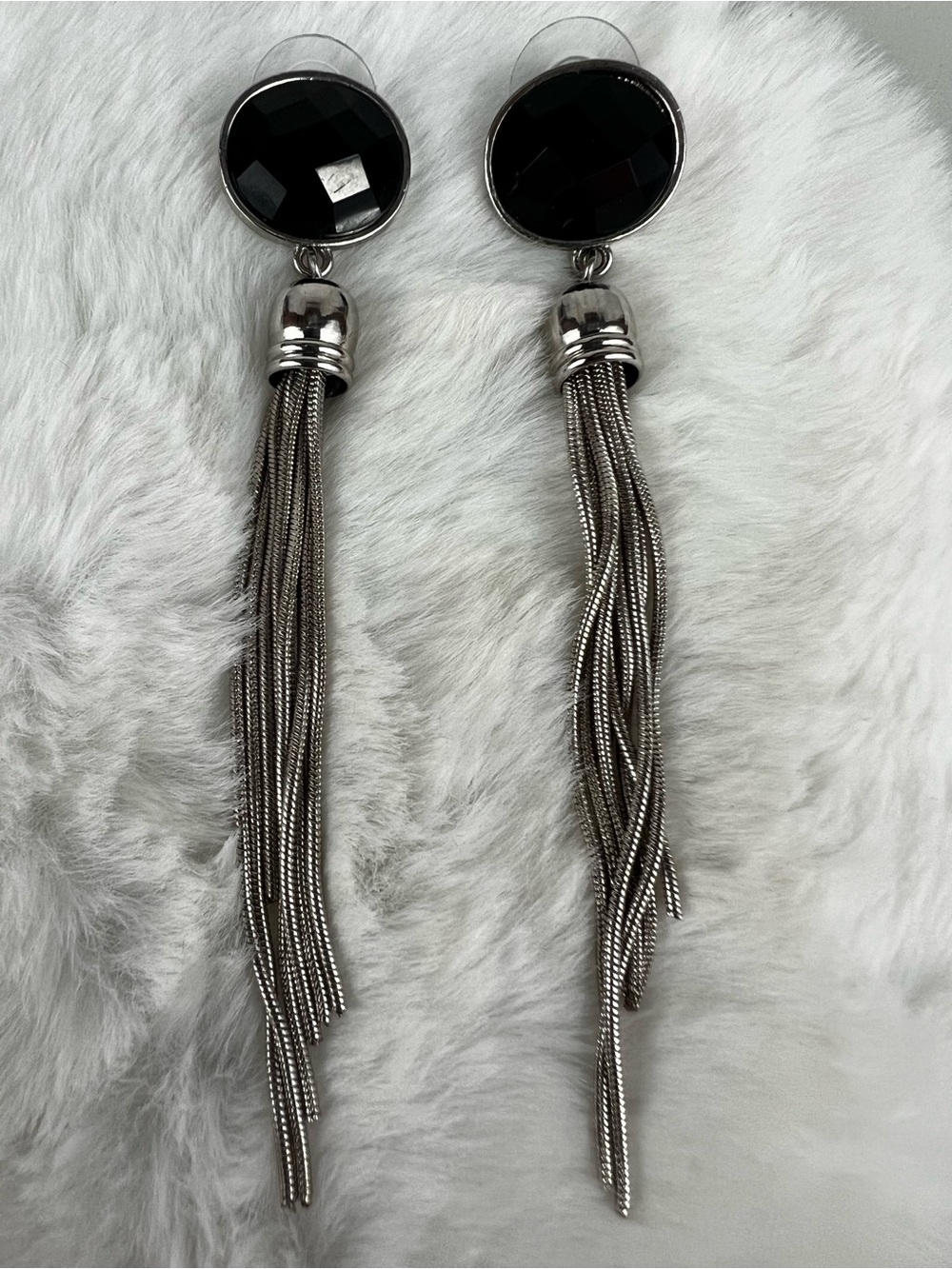 Vintage Style Silver Black Faceted Resin Tassel Drop Earrings